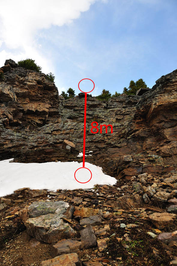 This photos shows the cliff in which the subject had fallen off. The exact location is marked with the red circles.
