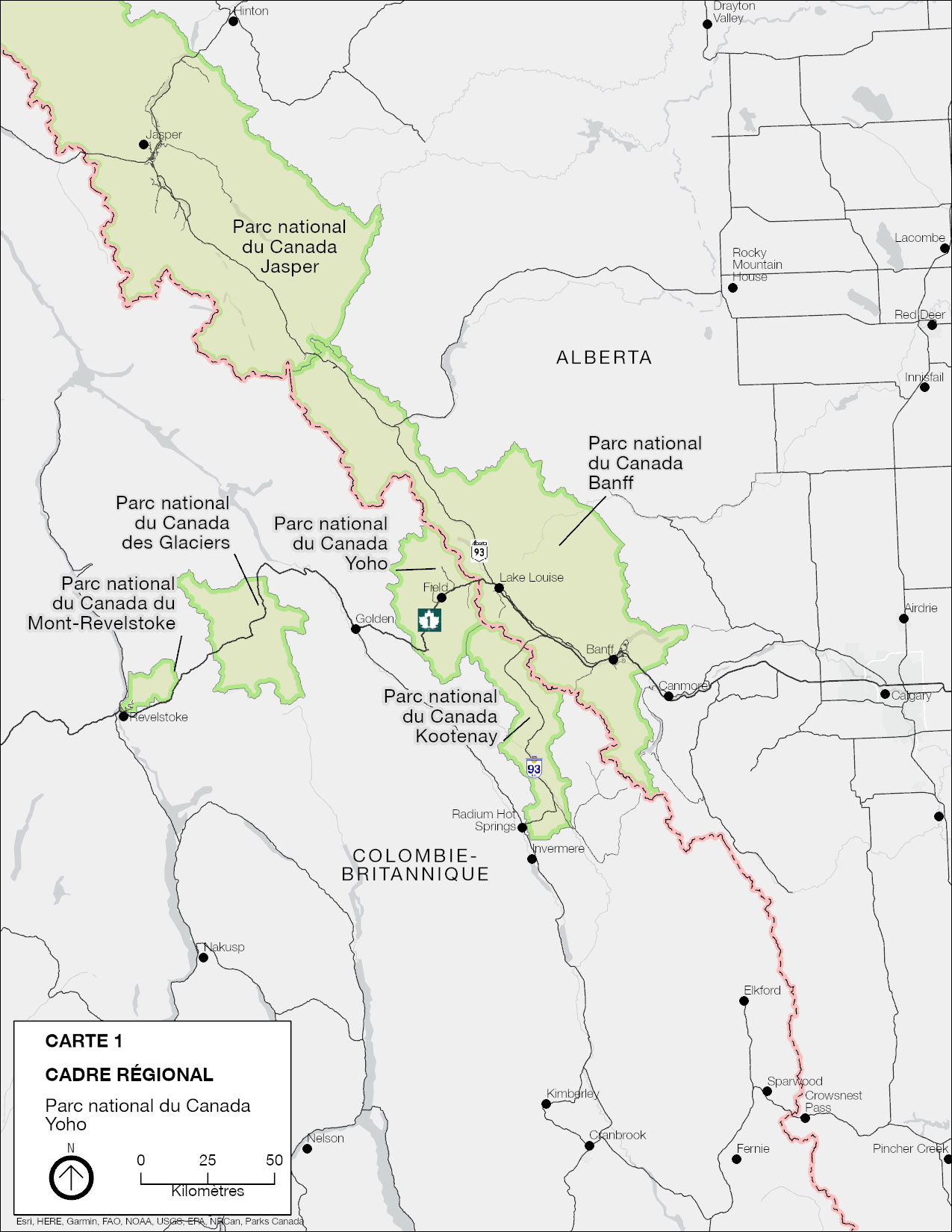 Carte du Sud-Est de la Colombie-Britannique et du Sud-Ouest de l’Alberta, illustrant le cadre régional du parc national Yoho, les routes et les localités. — La version textuelle suit